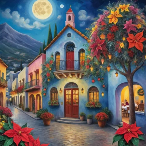 Prompt: (Chagall-inspired surreal scene), restaurant, Christmas card, charming Ajijic Mexican village plaza, restaurant, shops, walls adorned with flowers,, graceful wings,  surrounded by vibrant flowers, poinsettias, tables with  umbrellas, wreath, majestic avocado tree in front, enchanting magical Christmas tree, Christmas lights, Mexican style, atmosphere, dreamy mountains in the background, swirly moonlight sky, (vivid colors), (4K, ultra-detailed), (cubist, whimsical).