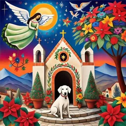 Prompt: (Chagall-inspired surreal scene), Christmas card, charming Mexican stone chapel, walls adorned with painted flowers, tile roof, lovers floating in the whimsical sky, graceful wings, fluffy dog, surrounded by vibrant flowers, virgin of Guadalupe, poinsettia, wreath, majestic avocado tree in front, enchanting magical , Christmas tree, Christmas lights, Mexican style, atmosphere, dreamy mountains in the background, swirly dark moonlight sky, (vivid colors), (4K, ultra-detailed), (cubist, whimsical).