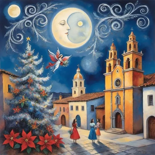 Prompt: Christmas painting in playful primitive surrealist 
Marc Chagall cubist 
style), soft moonlit sky above San Miguel de Allende Mexicon plaza with beautiful floral bouquet,Mexican colonial church playful milky moon, ,  harlequin,  beautifully arranged bouquet, flowers . fiddler in sky
whimsical and dreamy atmosphere,  cool tones of blue and white, soft glowing lights, soft colors, swirly enchanting swirly night sky, infused with magic and love. Winged cats, angels, Christmas, navidad ,poinsettas, Virgen of Guadeloupe church with crown steeple
