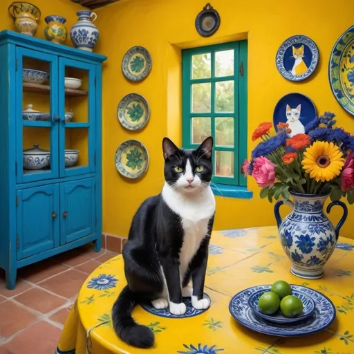 Prompt: Painting in style of Picasso

Charming Mexican casita interior, bright yellow kitchen walls,  blue and green, cabinets, art on wall ,
talavera, fluffy tuxedo cat, dishes,windows, lace curtains, flowers, black, round table with floral pattern, Freida Kahlo portrait, painting





