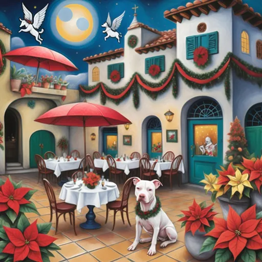 Prompt: (Chagall-inspired surreal scene), restaurant, Christmas card, charming Mexican outdoor restaurant, walls adorned with flowers, tile roof, angels floating in the whimsical sky, beautiful pool surrounded by plants  graceful wings, pitbull dog,
, white burro with fancy Christmas hat, surrounded by vibrant flowers, poinsettias,  tables, wreath, flowers, enchanting magical , Christmas tree, Christmas lights, Mexican style, atmosphere, dreamy mountains in the background, swirly dark moonlight sky, (vivid colors), (4K, ultra-detailed), (cubist, whimsical).