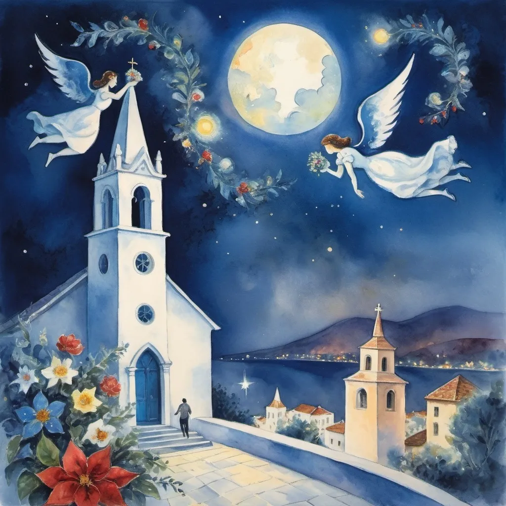 Prompt: (Watercolor Painting in playful primitive surrealist 
Marc Chagall style), 2 lovers float in soft moonlit sky above church  in Puerto Vallarta with beautiful floral bouquet, playful milky moon, rmisty 
omantic scene,  harlequin balcony below, male offers woman beautifully arranged bouquet, flowers . fiddler in sky
whimsical and dreamy atmosphere,  cool tones of blue and white, soft glowing lights,impressionistic, soft colors, swirly enchanting night sky, infused with magic and love. Winged cats, angels, christmas navidad poinsettas
