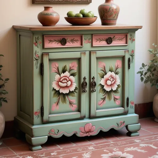 Prompt: Mexican painted chest, showcasing two upper drawers and two cabinet doors below, , celadon green doors adorned with intricate artisan elegant flowers, soft floral painting featuring soft deep rose, and white flowers, creating an inviting ambiance, highlighting artistic craftsmanship and elegant design, evoking a nostalgic feel, ultra-detailed, high quality, warmly-lit, rich textures, atmospheric, traditional yet refined elegance.