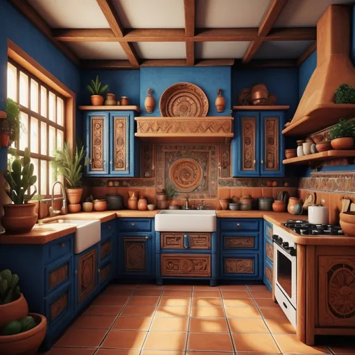 Prompt: (kitchen with Mexican carved cabinetry vintage), warm earthy tones, intricate detailing in woodwork,blue walls,  cozy atmosphere, authentic rustic decor, sunlight filtering through windows, inviting ambiance, vintage appliances, beautifully garnished with traditional ceramics, 4K ultra-detailed resolution, inviting and homey vibe, bit of greenery in corners, wall tiles with traditional patterns.