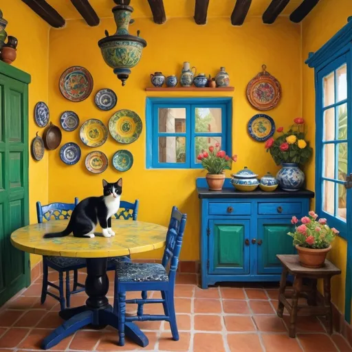 Prompt: Painting in Mexican style

Charming Mexican casita interior, bright yellow kitchen walls,  blue and green, cabinets, art on wall ,
talavera, fluffy tuxedo kitten, dishes,windows, lace curtains, flowers, black, round table with floral pattern, Freida Kahlo portrait, painting





