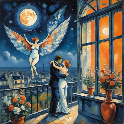 Prompt: Two lovers floating together in the night sky), Expressionist surrealist cubist, harlequin Marc Chagall style, woman arms reaching up 
up on wings of longing from open windowed, milky moon and sky,
balcony,  overlooking Paris, France, , lights
water, trees, vibrant flowers surrounding the scene, dreamlike ambiance, romantic mood,  tuxedo and orange cat, male lover offers bouquet of flowers cool colors
 , school of Paris style
painterly quality,whimsical elements, enchanting atmosphere, 4K ultra-detailed clarity.