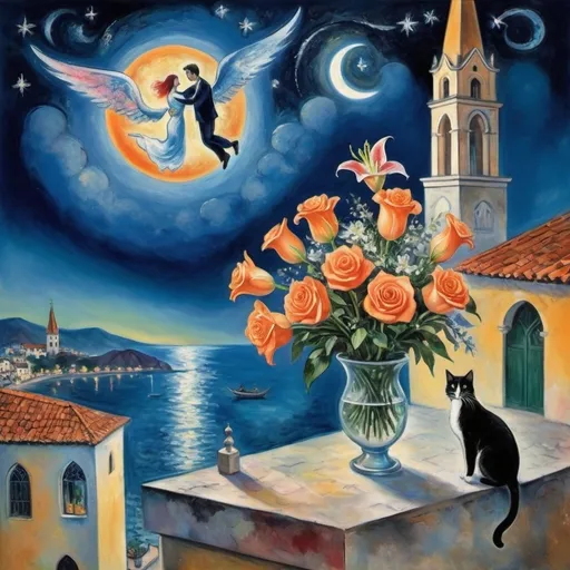 Prompt: Two lovers floating together in the night sky), (Marc Chagall surrealist style), full moon, stars, woman reaching up on wings of longing from
balcony,  overlooking Puerto Vallarta, church of the virgin of Guadalupe
water, vibrant flowers surrounding the scene, dreamlike ambiance, romantic mood,  tuxedo cat and orange cat, male lover offers bouquet of flowers stargazer lillies and soft roses
painterly quality,whimsical elements, enchanting atmosphere, 4K ultra-detailed clarity.