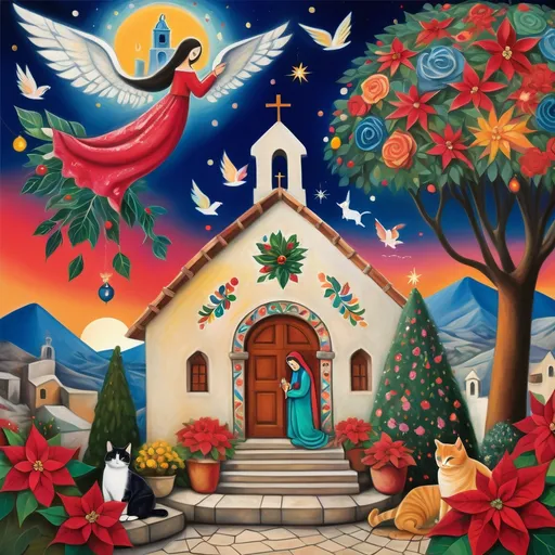 Prompt: (Chagall-inspired surreal scene), Christmas card, charming Mexican stone chapel, walls adorned with painted flowers, tile roof, lovers floating in the whimsical sky, graceful wings, fluffy cat surrounded by vibrant flowers, virgin of Guadalupe, poinsettia, wreath, majestic avocado tree in front, enchanting magical , Christmas tree, Christmas lights, muted colors, Mexican style, atmosphere, dreamy mountains in the background, swirly dark moonlight sky, soft colors
), (4K, ultra-detailed), (cubist, whimsical).