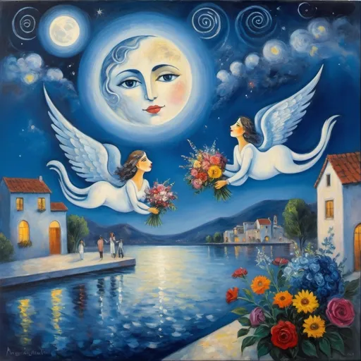 Prompt: (Painting in playful and primitive Chagall surrealist modernist style), a couple, lovers, float in night sky above Ajijic, Mexico with beautiful floral bouquet, milky moon, romantic scene,  lake reflecting moolight, balcony below, vibrant flowers , male offers woman beautifully arranged bouquet, whimsical and dreamy atmosphere, swirly sky cool tones of blue and white, soft glowing lights,impressionistic, soft colors, swirly enchanting night sky, infused with magic and love. Winged cats, angels
