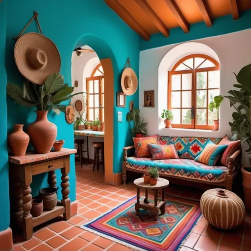 Prompt: (charming traditional small, cozy, turquoise colorful, artsy boho chic Spanish Colonial style  Mexican Casita), charming interior, two bedrooms, two bathrooms, cozy sitting room, White walls combined kitchen and dining room, (brick ceilings), (terra-cotta floors), colorful decor inviting ambiance, well-structured layout, (cozy and homely atmosphere), high-quality design, lace curtains sunlight streaming in, enhancing architectural features. Tile roof. Arched windows.