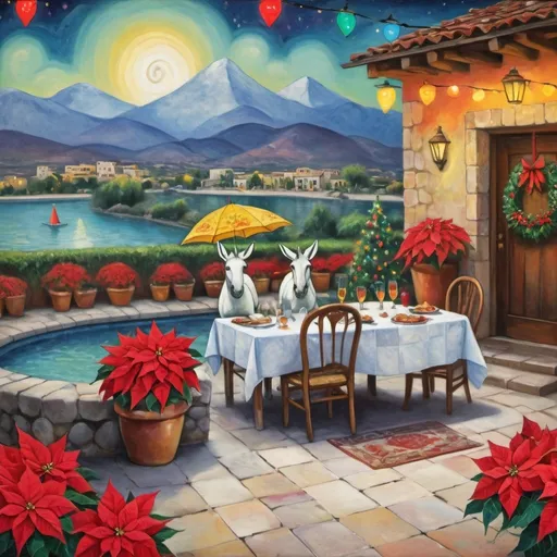 Prompt: (Marc Chagall-inspired surreal scene, primitive, Christmas card, charming stone Mexican outdoor restaurant, white donkey wearing festive hat, beautiful large pool, lake in background, tables with umbrellas, flowers on the tables, Christmas time, sign that says YVES, walls adorned with painted flowers, tile roof, lovers floating in the whimsical sky, graceful wings, grass, surrounded by vibrant flowers, , poinsettia, wreath, majestic avocado tree in front, enchanting magical, twinkling Christmas lights, Mexican style, atmosphere, dreamy mountains in the background, swirly   sky, (vivid colors), (4K, ultra-detailed), (cubist, whimsical).