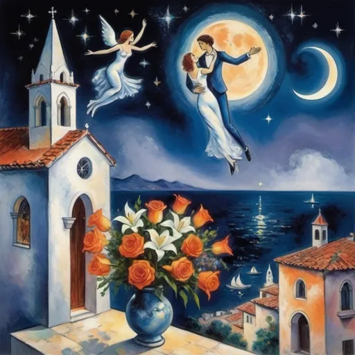 Prompt: Two lovers floating together in the night sky), (Marc Chagall surrealist style), full moon, stars, woman reaching up on wings of longing from
balcony,  overlooking Puerto Vallarta, church of the virgin of Guadalupe
water, vibrant flowers surrounding the scene, dreamlike ambiance, romantic mood,  tuxedo cat and orange cat, male lover offers bouquet of flowers stargazer lillies and soft roses
painterly quality,whimsical elements, enchanting atmosphere, 4K ultra-detailed clarity.