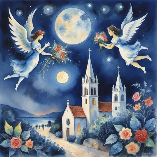 Prompt: (Watercolor Painting in playful primitive surrealist 
Marc Chagall style), 2 lovers float in soft moonlit sky above church  in Puerto Vallarta with beautiful floral bouquet, playful milky moon, rmisty 
omantic scene,  harlequin balcony below, male offers woman beautifully arranged bouquet, flowers . fiddler in sky
whimsical and dreamy atmosphere,  cool tones of blue and white, soft glowing lights,impressionistic, soft colors, swirly enchanting night sky, infused with magic and love. Winged cats, angels, christmas navidad poinsettas
