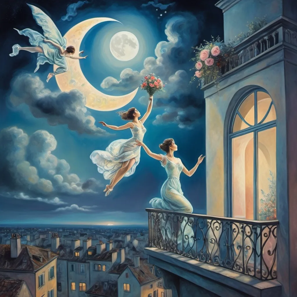 Prompt: (surrealism), (Chagall style), moonlit sky, ethereal atmosphere, woman on balcony, graceful pose, reaching for male lover, who is floating above, extended bouquet, dreamy cloudscape, soft pastel colors, enchanting and whimsical, intricate details in architecture, serene nighttime ambiance, mesmerizing contrasting elements, high detail, 4K, capturing emotional longing.