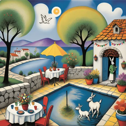 Prompt: Marc Chagall-inspired, surreal scene, primitive style Easter card, charming stone Mexican outdoor restaurant, white donkey with Easter bonnet , beautiful large pool, lake in background, tables with umbrellas, flowers on the tables, walls adorned with painted flowers, tile roof, lovers floating in the whimsical sky, graceful wings, grass, surrounded by vibrant flowers pots around pool,  majestic avocado tree in front, enchanting magical, twinkling  lights, Mexican style, atmosphere, dreamy mountains in the background, swirly  sky,(4K, ultra-detailed), 