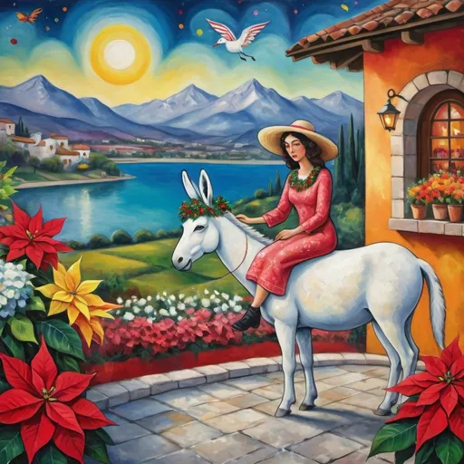 Prompt: (Marc Chagall-inspired surreal scene, primitive, Christmas card, charming stone Mexican outdoor restaurant, white donkey wearing festive hat, Burro, French chef, dressed for Christmas beautiful large pool surrounded by vibrant flowers, lake in background, tables with umbrellas, flowers on the tables, Christmas time, sign that says YVES. RESTAURANT , walls adorned with painted flowers, tile roof, lovers floating in the whimsical sky, graceful wings, grass, surrounded by vibrant flowers, , poinsettia, wreath, majestic avocado tree in front, enchanting magical, twinkling Christmas lights, Mexican style, atmosphere, dreamy mountains in the background, swirly   sky, (vivid colors), (4K, ultra-detailed), (cubist, whimsical).