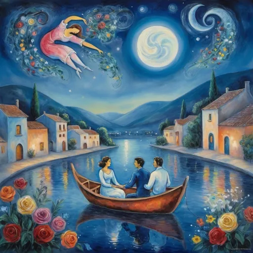 Prompt: (Painting in playful and primitive Chagall surrealist modernist style), a couple, lovers, float in night sky above Ajijic, Mexico with beautiful floral bouquet, milky moon, watercolor romantic scene,  lake below, reflecting light, vibrant flowers , male offers woman beautifully arranged bouquet, whimsical and dreamy atmosphere, swirly sky cool tones of blue and white, soft glowing lights,impressionistic, soft colors, swirly enchanting night sky, infused with magic and love. NO Boat