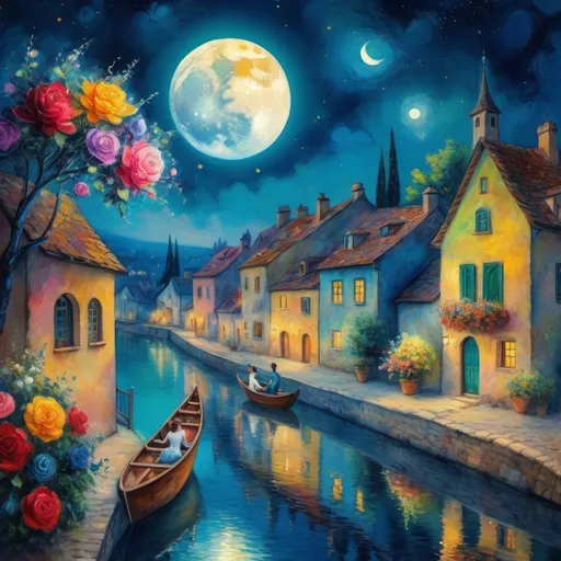 Prompt: (lovers floating in the night), (Chagall style), mystical milky moon sky, cozy balcony overlooking a quaint village, soft reflections on tranquil water, vibrant flowers surrounding the scene, dreamlike ambiance, romantic mood, vivid colors, painterly quality, artistic expression, whimsical elements, enchanting atmosphere, 4K ultra-detailed clarity.