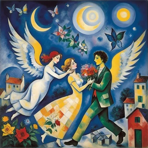 Prompt: Chagall playful 
cubism style. Lovers floating in misty moonlit, starlit sky. male offers female a bouquet ,wings of longing, ethereal angels, winged cats, harlequin, fiddler, balcony, soft colors, cool tomes


