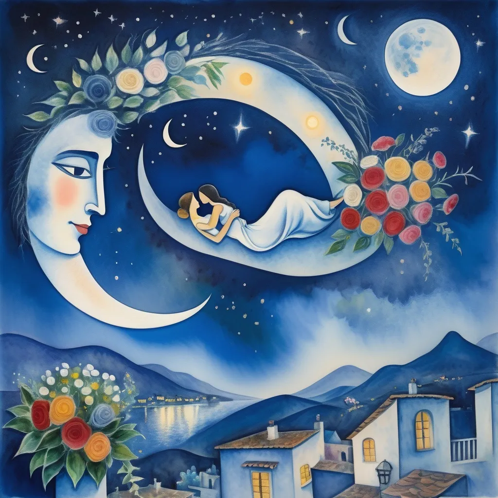 Prompt: (Watercolor Painting in playful primitive surrealist 
Marc Chagall style), a couple, lovers float in soft starry night sky above Ajijic Mexico with beautiful floral bouquet, playful milky moon, misty 
romantic scene,  balcony below, male offers woman beautifully arranged bouquet, whimsical and dreamy atmosphere,  cool tones of blue and white, soft glowing lights,impressionistic, soft colors, swirly enchanting night sky, infused with magic and love. Winged cats, angels