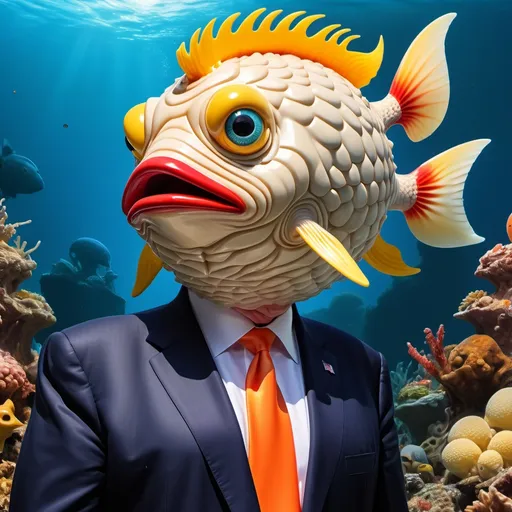 Prompt: Donald Trump wearing suit and red tie with ugly hideous sinister blowfish head with exaggerated features), yellow fake toupee hair, dead-looking blue eyes, orange skin, round anus-shaped mouth, Donald Trump wearing a suit, (cartoonish style), detailed scales, animated sea life, (surreal humor), imaginative concept, (vibrant colors), whimsical underwater background, playful ambiance, ultra-detailed, high-quality image, creative expression.