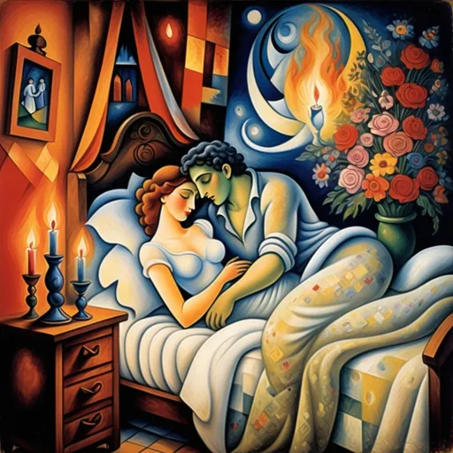 Prompt: (candles burning side-by-side), man and woman lovers in bed, fire, wedding bouquet, cubist style), Marc Chagall influence, intricately detailed dresser, soft dim lighting, flickering flames casting shadows, ethereal flowers intertwined with smoke, whimsical atmosphere, romantic and dreamlike ambiance, high-quality depth, ultra-detailed composition, enchanting color palette, tranquil yet captivating scene. Magical and enchanted.