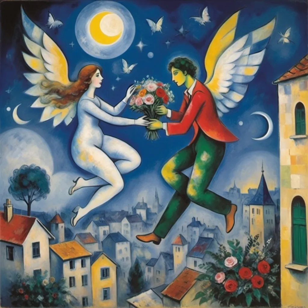 Prompt: Chagall playful 
cubism style. Lovers floating in misty moonlit, starlit sky. male offers female a bouquet ,wings of longing, ethereal angels, winged cats, harlequin, fiddler, balcony, soft colors, cool tomes


