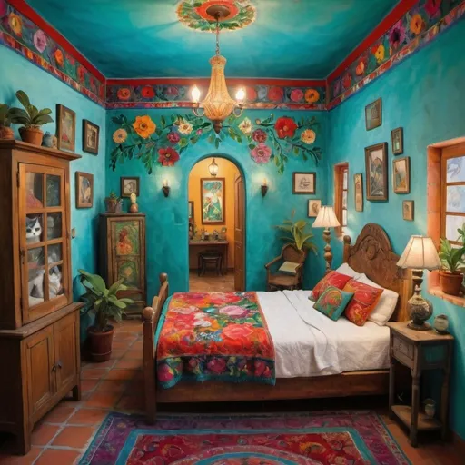 Prompt: (Marc Chagall inspired painting (cubist primitive 
surrealism style), charming Mexican casita bedroom, painted flowers on white walls, arched windows,, turquoise bedspread, Mexican textiles, whimsical ambiance, tile roof, turquoise floral armoire, glowing, delicate wings, bright flowers, playful cats, large avocado tree, enchanting atmosphere, lace curtains tuxedo cat, Freida Kahlo influences, guitar, angel, mountains, candles, cozy pillows, ultra-detailed, magical charm, artistic masterpiece.