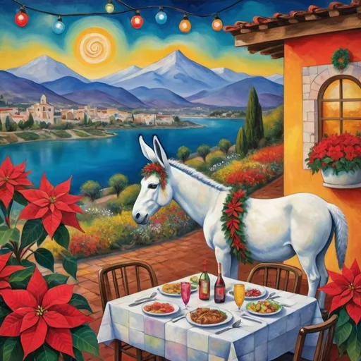 Prompt: (Marc Chagall-inspired surreal scene, primitive, Christmas card, charming stone Mexican outdoor restaurant, white donkey wearing festive hat, Burro, French chef, dressed for Christmas beautiful large pool surrounded by vibrant flowers, lake in background, tables with umbrellas, flowers on the tables, Christmas time, sign that says YVES. RESTAURANT , walls adorned with painted flowers, tile roof, lovers floating in the whimsical sky, graceful wings, grass, surrounded by vibrant flowers, , poinsettia, wreath, majestic avocado tree in front, enchanting magical, twinkling Christmas lights, Mexican style, atmosphere, dreamy mountains in the background, swirly   sky, (vivid colors), (4K, ultra-detailed), (cubist, whimsical).