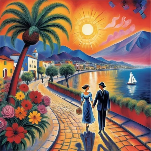 Prompt: (birthday card), (Marc Chagall style, surrealist , expressionistic, primitive, two lovers strolling the malecón, Ajijic, Mexico, Lake Chapala, beautiful sunset, flowering tabuchin trees, palm trees, whimsical ambiance, magical atmosphere, vibrant colors, artistic fantasy, angels in sky,dramatic lighting, intricate floral details, dreamy sky, 4K, ultra-detailed illustration.