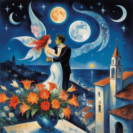 Prompt: Two lovers floating together in the night sky), (Marc Chagall ethereal surrealist style), full moon, stars, woman reaching up on wings of longing from
balcony,  overlooking Puerto Vallarta, church of the virgin of Guadalupe
water, vibrant flowers surrounding the scene, dreamlike ambiance, romantic mood,  tuxedo cat and orange cat, male lover offers bouquet of flowers stargazer lillies and soft , school of Paris style
painterly quality,whimsical elements, enchanting atmosphere, 4K ultra-detailed clarity.