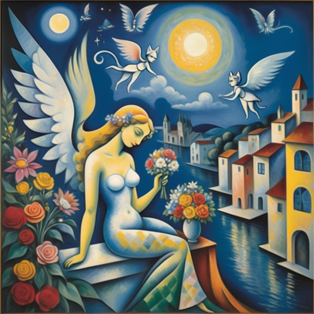 Prompt: Chagall-inspired playful cubism, lovers floating together in a magical moonlit, starlit sky, man presenting a bouquet to  a beautiful woman, adorned with ethereal wings of longing. Enchanting angels, whimsical winged cats, balcony below, water
 harlequin, flowers, Soft pastel colors blend harmoniously, capturing a dreamlike ambiance with a fantastical balcony setting, drenched in romance and whimsy. High quality, ultra-detailed.