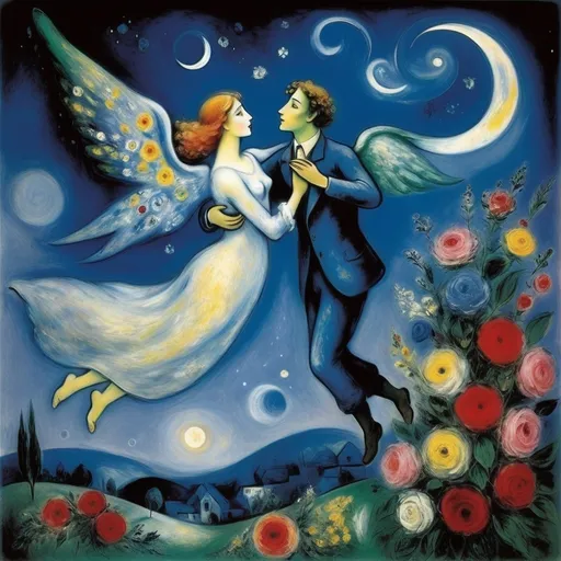 Prompt: Chagall ethereal style. Lovers floating in moonlit, starlit sky. male offers female a bouquet wings of longing, ethereal, dreamy, romantic, flowers, love


