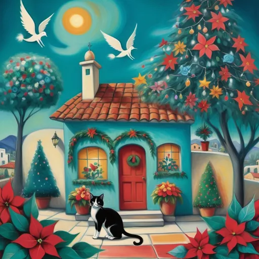 Prompt: (Chagall-inspired surreal scene), Christmas card, charming turquoise Mexican casita, walls adorned with painted flowers, tile roof, lovers floating in the whimsical sky, graceful wings, surrounded by vibrant flowers, playful tuxedo cats, poinsettia, Christmas tree,wreath, majestic avocado tree in front, enchanting magical , Christmas tree, Christmas lights, angels, Mexican style, atmosphere, dreamy mountains in the background, swirly dark moonlight sky, (vivid colors), (4K, ultra-detailed), (cubist, whimsical).