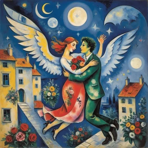 Prompt: Chagall playful 
cubism style. Lovers floating in moonlit, starlit sky. male offers female a bouquet ,wings of longing, ethereal angels, winged cats, harlequin, fiddler, balcony, soft colors

