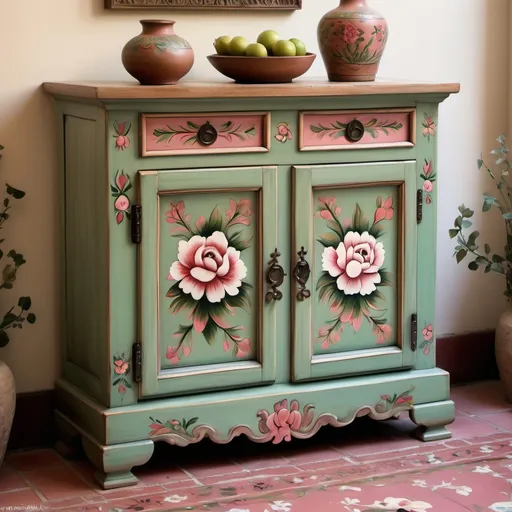 Prompt: Mexican painted chest, showcasing two upper drawers and two cabinet doors below, , celadon green doors adorned with intricate artisan elegant flowers, soft floral painting featuring soft deep rose, and white flowers, creating an inviting ambiance, highlighting artistic craftsmanship and elegant design, evoking a nostalgic feel, ultra-detailed, high quality, warmly-lit, rich textures, atmospheric, traditional yet refined elegance.