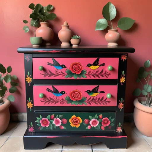Prompt: Mexican
 chest of drawers, simple design, four drawers with knobs centered on each, painted flowers, vibrant deep pink, red, green, soft colors, red, roses, birds, bees, butterflies,
Mexican touches,
warm hues, elegant floral patterns, artistic craftsmanship, black wood finish, cozy ambiance, handcrafted details, small and stylish, ideal for storage, perfect for adding character to a room, ultra-detailed, high quality.