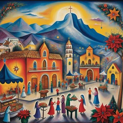 Prompt: (colorful surrealist expressionist painting), (Mark Chagall style), Christmas scene, Ajijic plaza with restaurants and shops, charming stone chapel, nativity scene, festive kiosk, vibrant flowers and poinsettias, Virgin of Guadalupe, whimsical sky with enchanting angels, bustling vendors, majestic mountains in the background, magical atmosphere, rich color tones, ultra-detailed, 4K quality.