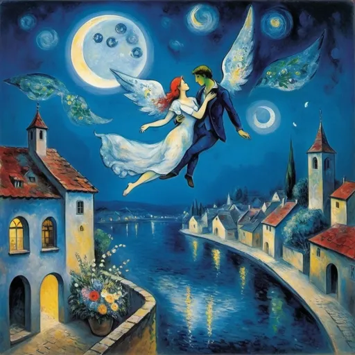 Prompt: Chagall ethereal style. Lovers floating in moonlit, starlit sky. male offers female a bouquet wings of longing, ethereal, dreamy, romantic, flowers, love, balcony below and charming village, water



