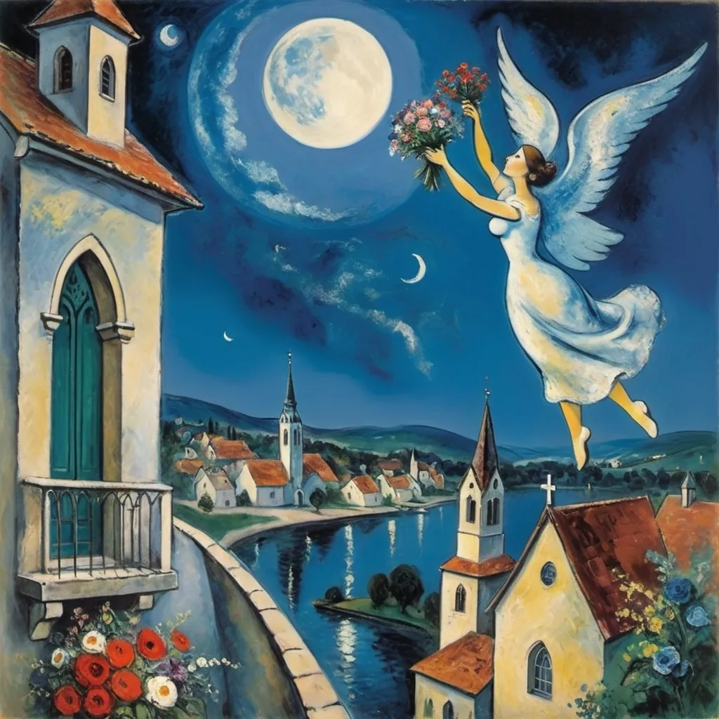 Prompt: Marc Chagall style  woman on balcony arms lifted upwards, reaching for male lover floating in moonlit sky, he offers her a bouquet of flowers, flowers, romantic, charming village with church, water below, wings, 

