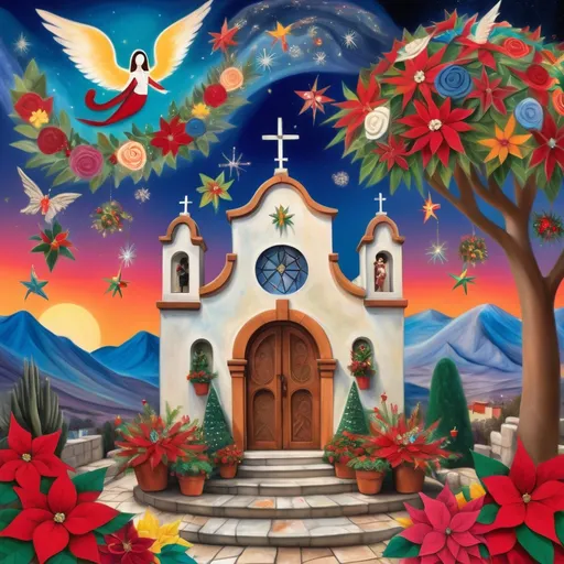 Prompt: (Chagall-inspired surreal scene), Christmas card, charming Mexican stone chapel, walls adorned with painted flowers, tile roof, lovers floating in the whimsical sky, graceful wings, fluffy dog, surrounded by vibrant flowers, virgin of Guadalupe, poinsettia, wreath, majestic avocado tree in front, enchanting magical , Christmas tree, Christmas lights, Mexican style, atmosphere, dreamy mountains in the background, swirly dark moonlight sky, (vivid colors), (4K, ultra-detailed), (cubist, whimsical).