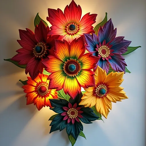 Prompt: (ultra-detailed) colorful  handmade, Paper -mache, Mexican flower wall sconce, vibrant design, decorative patterns, artistic craftsmanship, charming atmosphere, perfect for cozy spaces, stunning centerpiece, unique lamp shade design, artistic flair, blending traditional and contemporary elements, bright and cheerful; background suggests a soft, inviting interior environment.