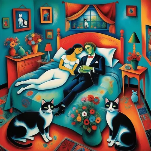 Prompt: (Marc Chagall style painting) man and woman couple lounging in bed with 3 tuxedo cats , playfully resting, (turquoise bedspread) adorned with (vibrant flowers), warm ambient lighting, soft colorful Mexican style Casita bedroom, whimsical elements reflecting love and comfort, intricate patterns on walls, serene atmosphere, ultra-detailed, cinematic masterpiece, expressive brush strokes capturing emotion and harmony, dreamlike quality.