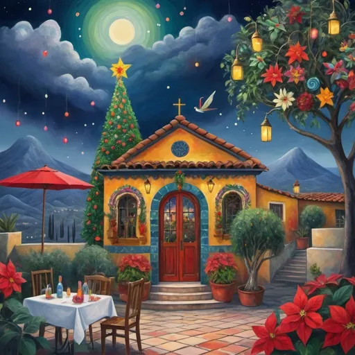 Prompt: (Chagall-inspired surreal scene), Christmas card, charming Mexican outdoor restaurant, beautiful, swimming pool, tables with umbrellas, flowers on the tables, Christmas time, sign that says “Yves”, walls adorned with painted flowers, tile roof, lovers floating in the whimsical sky, graceful wings, fluffy cat surrounded by vibrant flowers, virgin of Guadalupe, poinsettia, wreath, majestic avocado tree in front, enchanting magical  Christmas tree, Christmas lights, Mexican style, atmosphere, dreamy mountains in the background, swirly dark moonlight sky, (vivid colors), (4K, ultra-detailed), (cubist, whimsical).