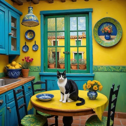 Prompt: Painting in style of Van Gogh 

Charming Mexican casita interior, bright yellow kitchen walls,  blue and green, cabinets, art on wall ,
talavera, tuxedo cat, dishes,windows, lace curtains, flowers, black, round table with floral pattern, Freida Kahlo portrait, painting





