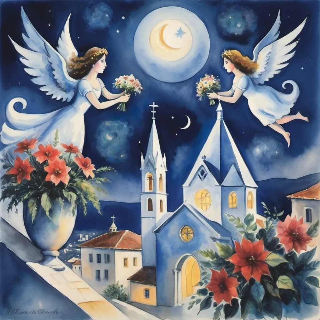 Prompt: (Watercolor Painting in playful primitive surrealist 
Marc Chagall cubist 
style), 2 lovers float in soft moonlit sky above  Puerto Vallarta with beautiful floral bouquet,Mexican colonial church playful milky moon, misty 
romantic scene,  harlequin, balcony below, male offers woman beautifully arranged bouquet, flowers . fiddler in sky
whimsical and dreamy atmosphere,  cool tones of blue and white, soft glowing lights,impressionistic, soft colors, swirly enchanting night sky, infused with magic and love. Winged cats, angels, Christmas, navidad ,poinsettas, Virgen of Guadeloupe church with crown steeple
