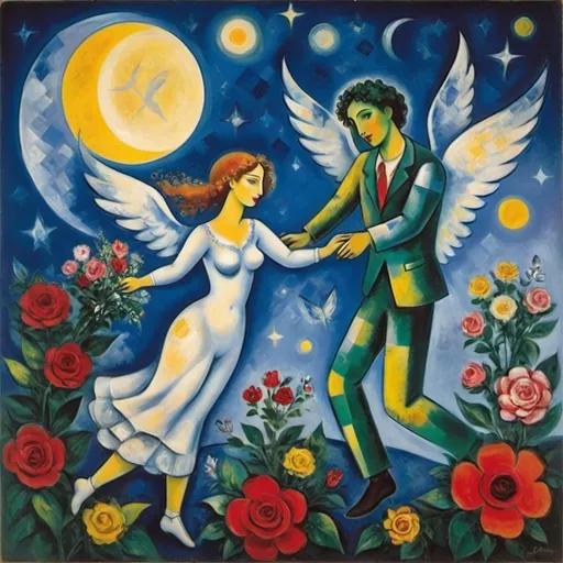 Prompt: Chagall playful 
cubism style. Lovers floating in moonlit, starlit sky. male offers female a bouquet ,wings of longing, ethereal angels, winged cats, harlequin, fiddler

