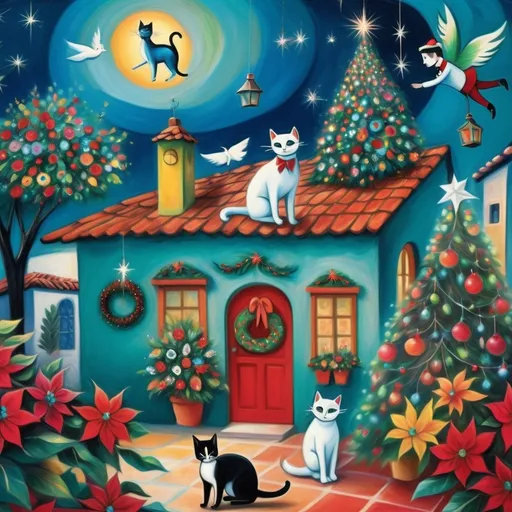 Prompt: (Chagall-inspired surreal scene), Christmas card, Christmas scene, Sparkling Lights, swirling sky charming turquoise Mexican casita, walls adorned with painted flowers, tile roof, lovers floating in the whimsical sky, graceful wings, surrounded by vibrant flowers, tuxedo cat, poinsettia, Christmas tree,wreath, majestic avocado tree in front, enchanting magical , Christmas tree, Christmas lights, angels, Mexican style, atmosphere, dreamy mountains in the background, swirly dark moonlight sky, (vivid colors), (4K, ultra-detailed), (cubist, whimsical).