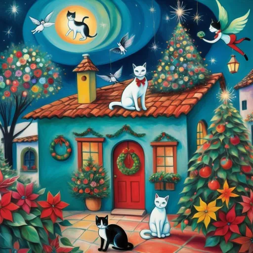 Prompt: (Chagall-inspired surreal scene), Christmas card, Christmas scene, Sparkling Lights, swirling sky charming turquoise Mexican casita, walls adorned with painted flowers, tile roof, lovers floating in the whimsical sky, graceful wings, surrounded by vibrant flowers, tuxedo cat, poinsettia, Christmas tree,wreath, majestic avocado tree in front, enchanting magical , Christmas tree, Christmas lights, angels, Mexican style, atmosphere, dreamy mountains in the background, swirly dark moonlight sky, (vivid colors), (4K, ultra-detailed), (cubist, whimsical).