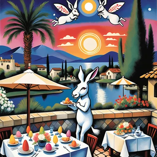 Prompt: Marc Chagall-inspired  Easter card, charming stone Mexican outdoor restaurant, white donkey with Easter bonnet , rabbit chef, beautiful large pool, lake in background, tables with umbrellas, palm and cypress 
trees with twinkling lights, evening sunset, dusk, flowers on the tables, walls adorned with painted flowers, tile roof, lovers floating in the whimsical sky, graceful wings, grass, surrounded by vibrant flowers pots around pool, enchanting magical, twinkling  lights, Mexican style, atmosphere, dreamy mountains in the background, swirly  sky,(4K, ultra-detailed), 